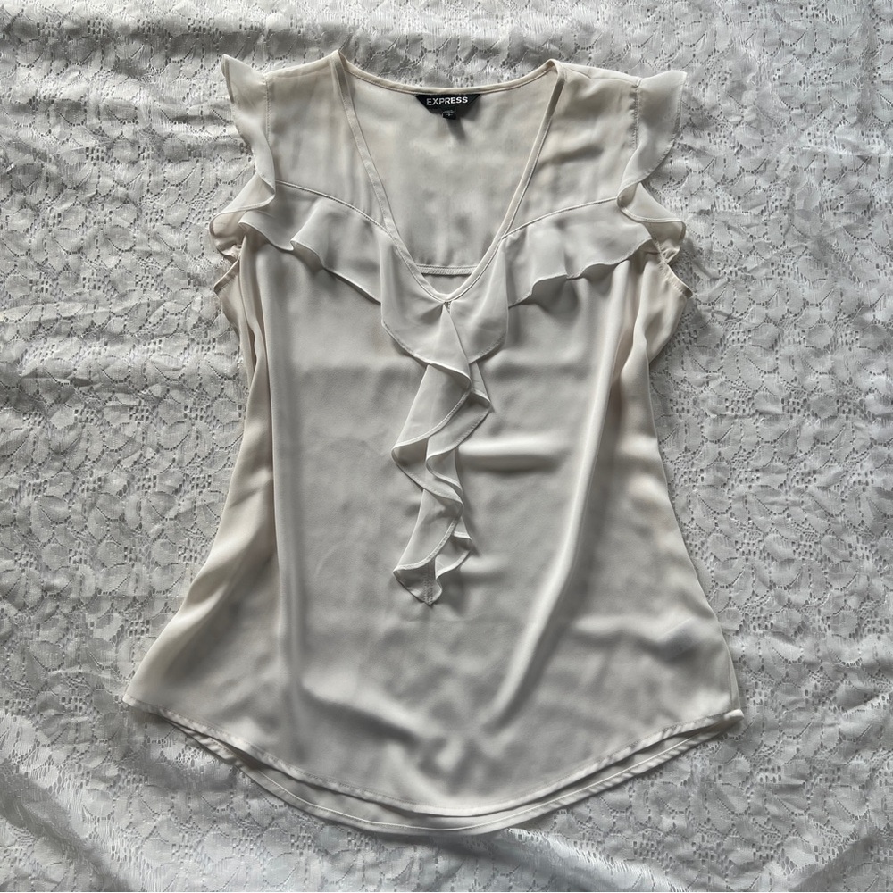 Express White Ruffle V-Neck Blouse